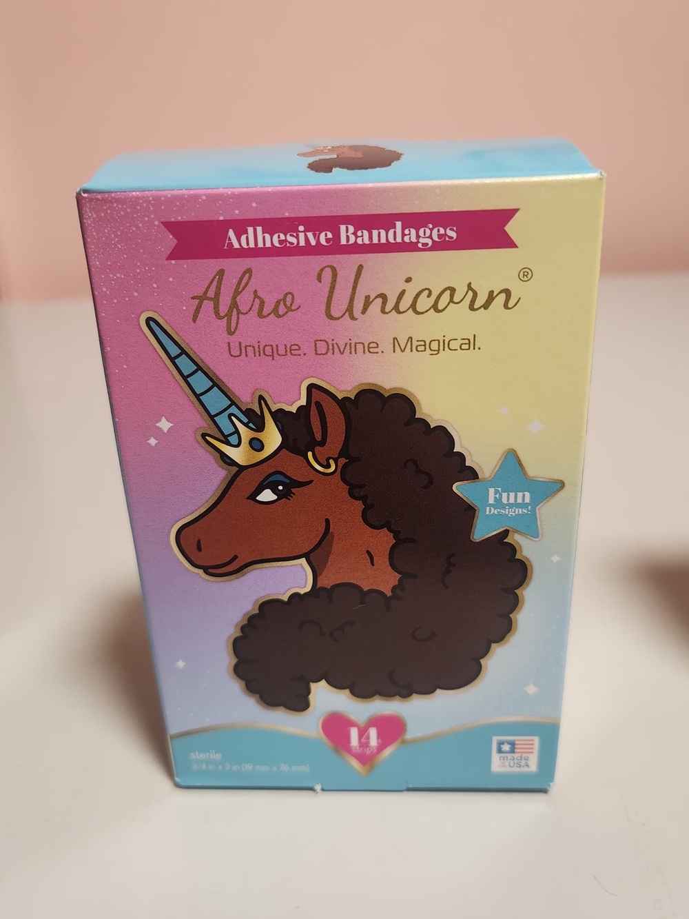 Afro Unicorn Adhesive Bandages 14 Count Sterile First Aid Made in USA